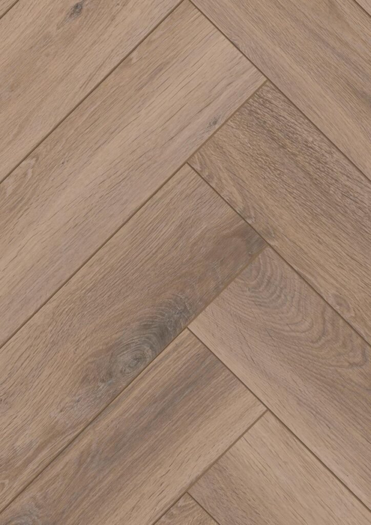Natural brown oak herringbone real wood flooring close-up with knotted texture