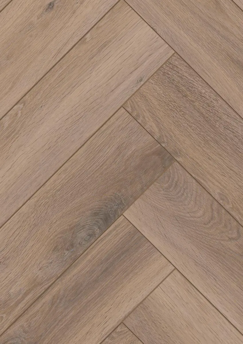 Natural brown oak herringbone real wood flooring close-up with knotted grain texture