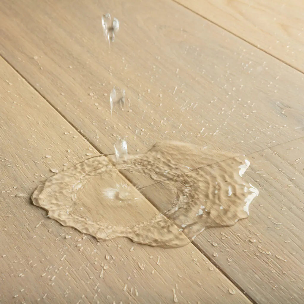 Water-resistant light oak engineered wood flooring with water splash test