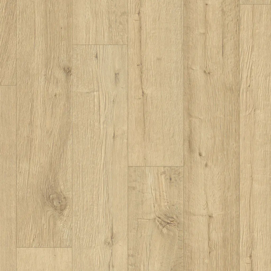 Light natural oak laminate flooring planks with knot detail close-up texture