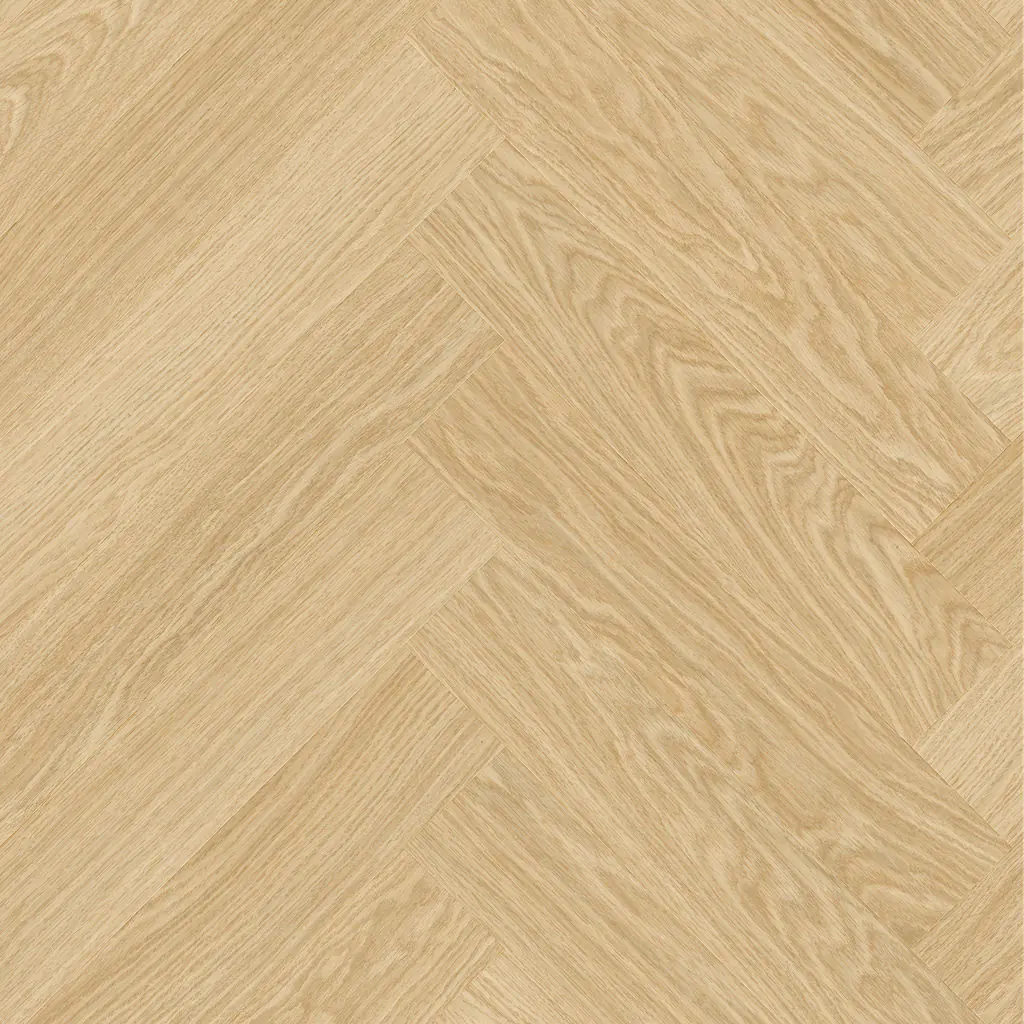 Close-up natural beige oak herringbone pattern vinyl flooring planks