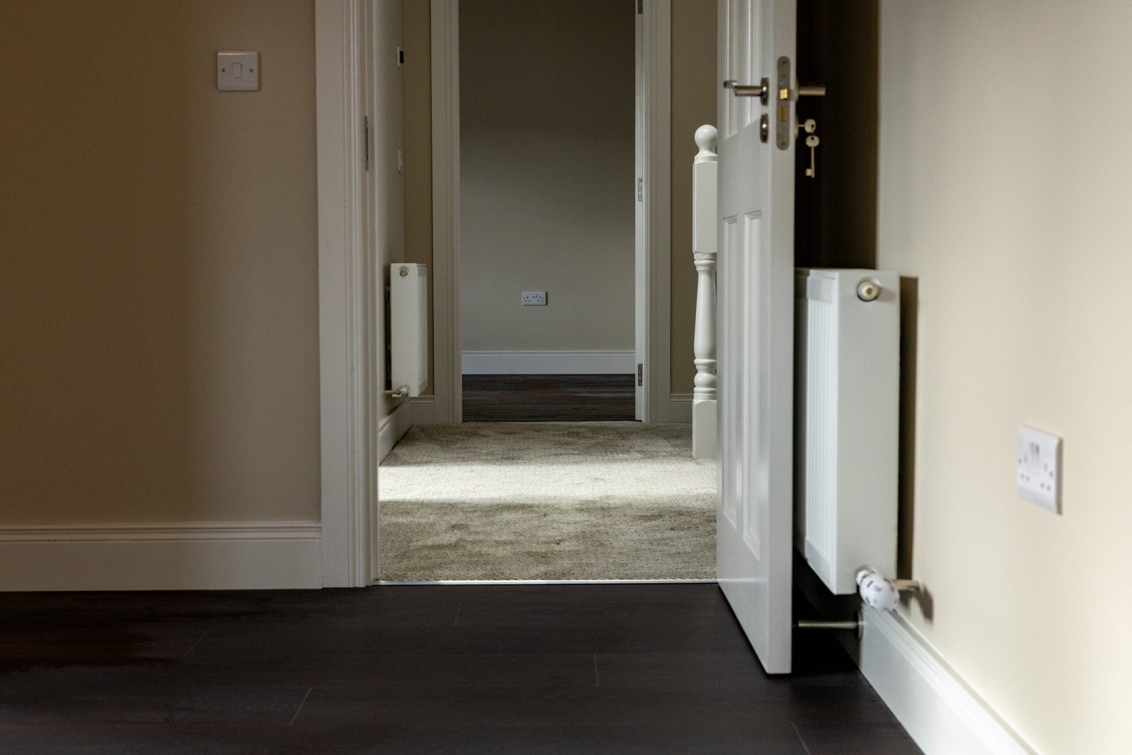 Dark oak wood flooring in hallway with beige herringbone landing carpet — common Dunboyne layout